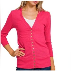 NWOT Zenana Vibrant Pink Cardigan with Snaps Detail and Pockets!